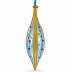 Blue and Gold Jeweled Vine Elongated Pointed Teardrop Finial Glass Christmas Ornament