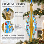 Blue and Gold Jeweled Vine Elongated Pointed Teardrop Finial Glass Christmas Ornament