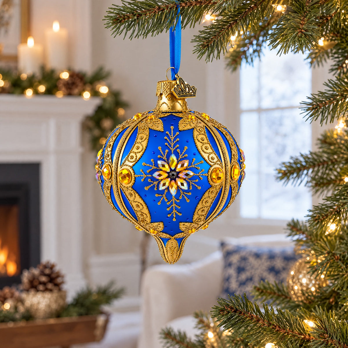 Blue and Gold Jeweled Floral Burst Onion-Shape Finial Glass Christmas Ornament