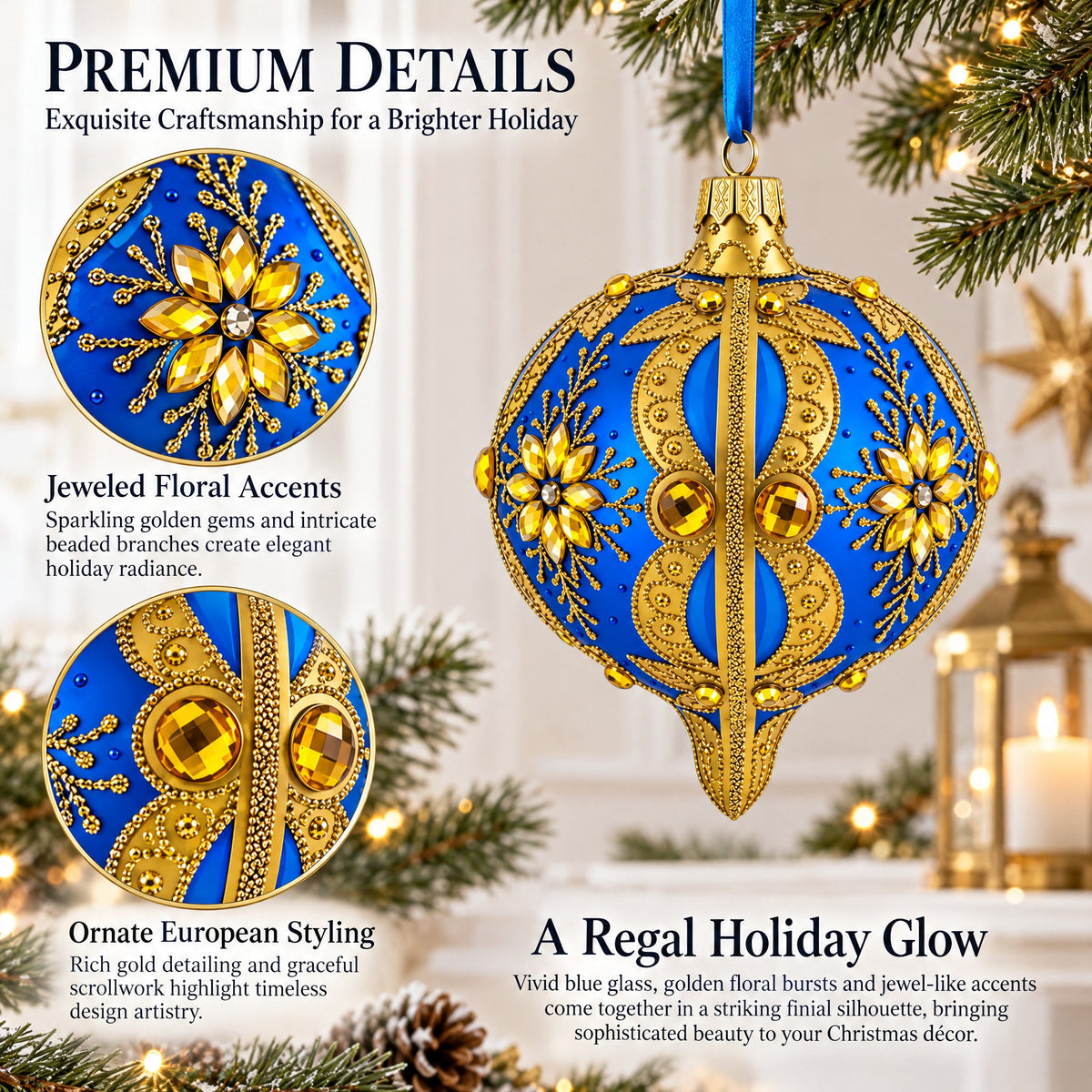 Blue and Gold Jeweled Floral Burst Onion-Shape Finial Glass Christmas Ornament