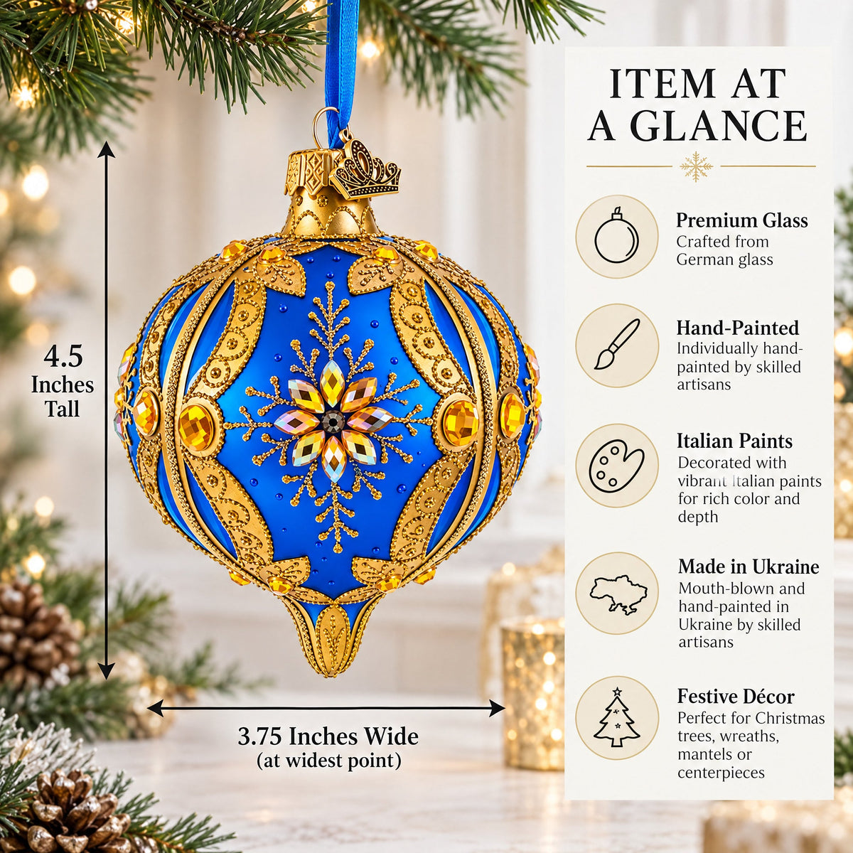 Blue and Gold Jeweled Floral Burst Onion-Shape Finial Glass Christmas Ornament