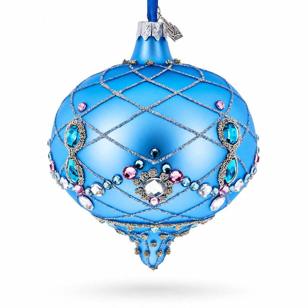 Blue Jeweled Lattice Diamond Onion-Shape Finial Glass Christmas Ornament