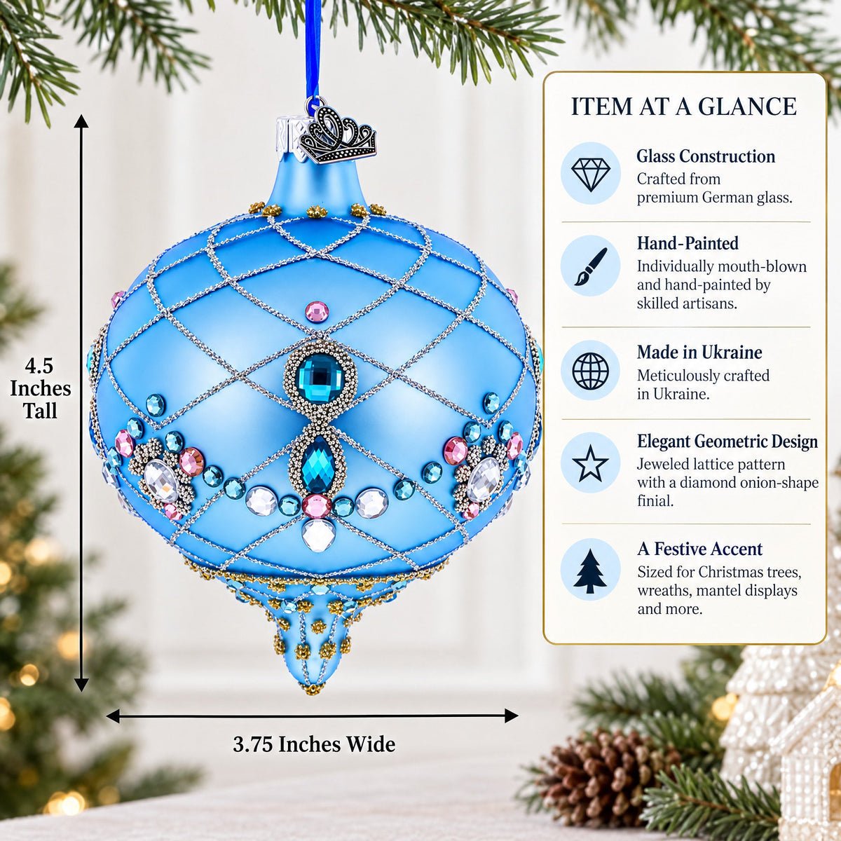 Blue Jeweled Lattice Diamond Onion-Shape Finial Glass Christmas Ornament