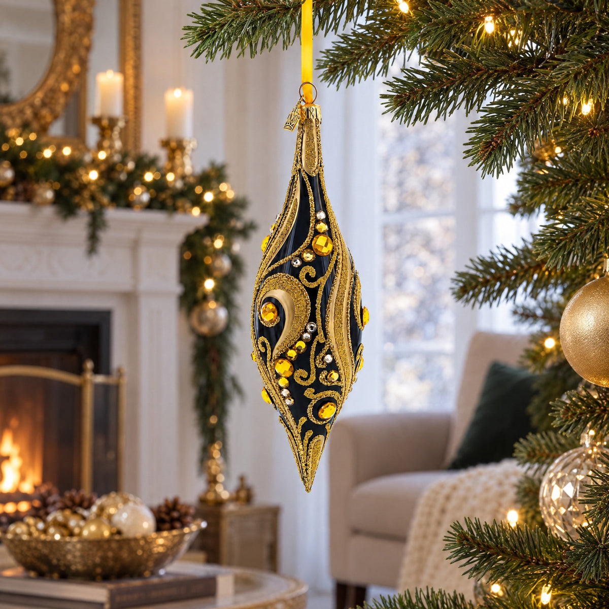 Black & Gold Jeweled Swirl Elongated Pointed Teardrop Finial Glass Christmas Ornament