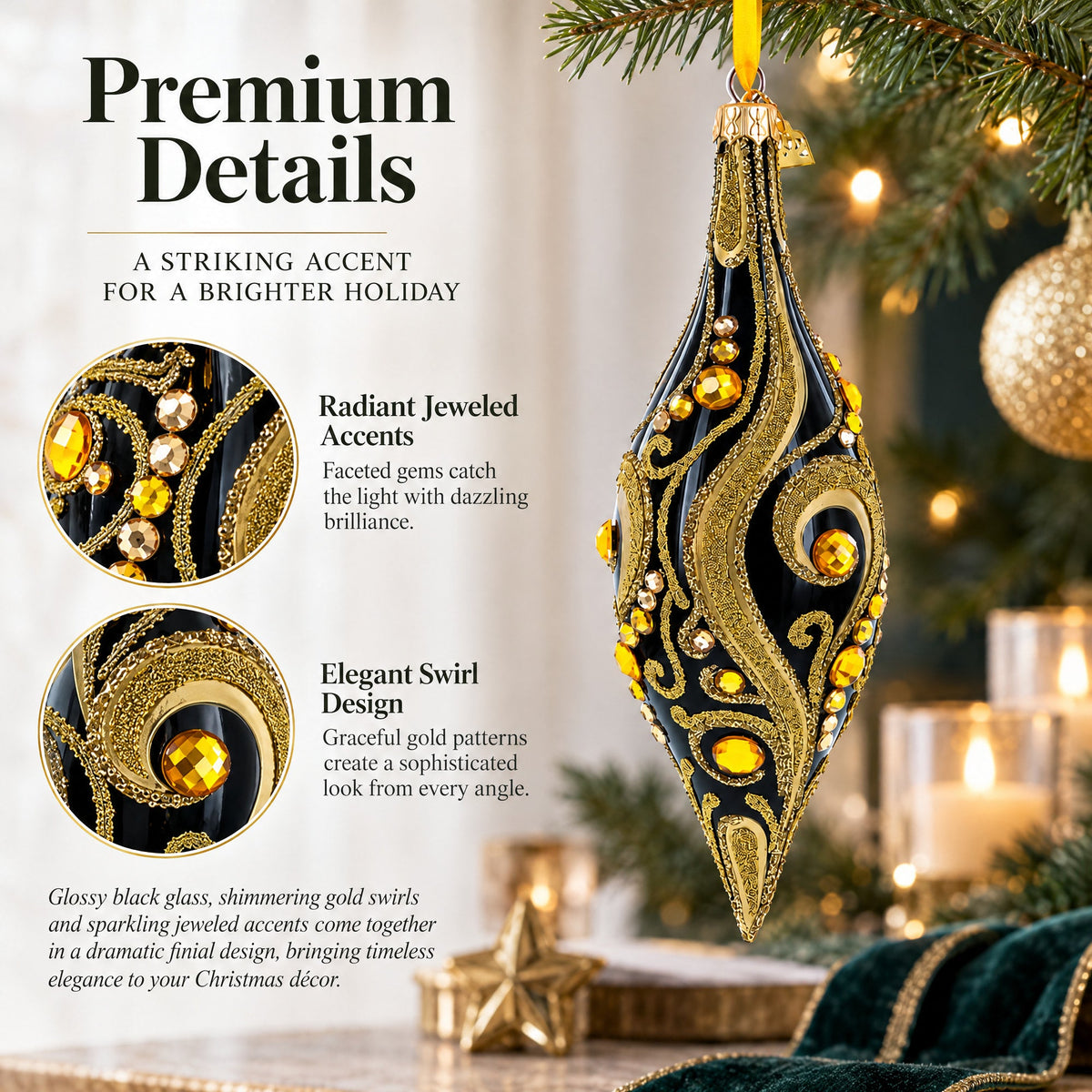 Black & Gold Jeweled Swirl Elongated Pointed Teardrop Finial Glass Christmas Ornament