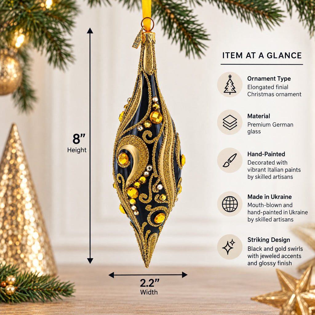 Black & Gold Jeweled Swirl Elongated Pointed Teardrop Finial Glass Christmas Ornament