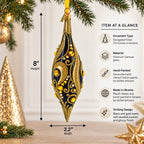 Black & Gold Jeweled Swirl Elongated Pointed Teardrop Finial Glass Christmas Ornament