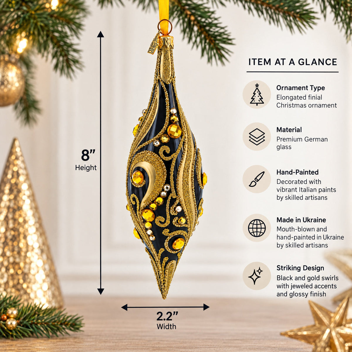 Black & Gold Jeweled Swirl Elongated Pointed Teardrop Finial Glass Christmas Ornament