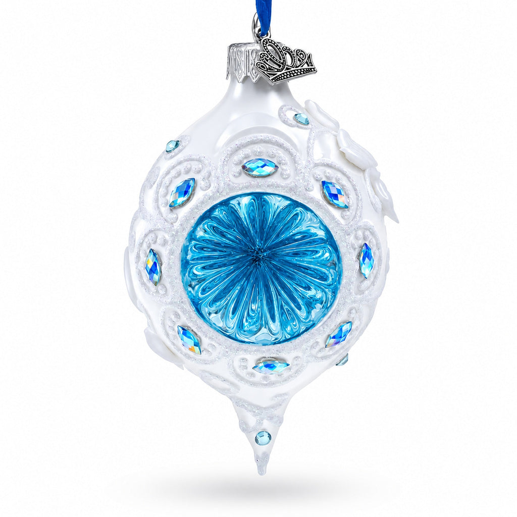 Vintage Retro Style White and Blue Pointed Teardrop Finial Glass Christmas Ornament