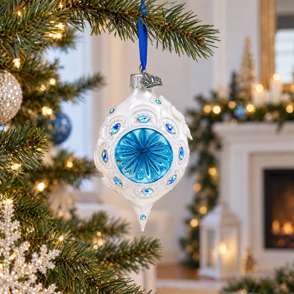 Vintage Retro Style White and Blue Pointed Teardrop Finial Glass Christmas Ornament