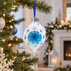 Vintage Retro Style White and Blue Pointed Teardrop Finial Glass Christmas Ornament