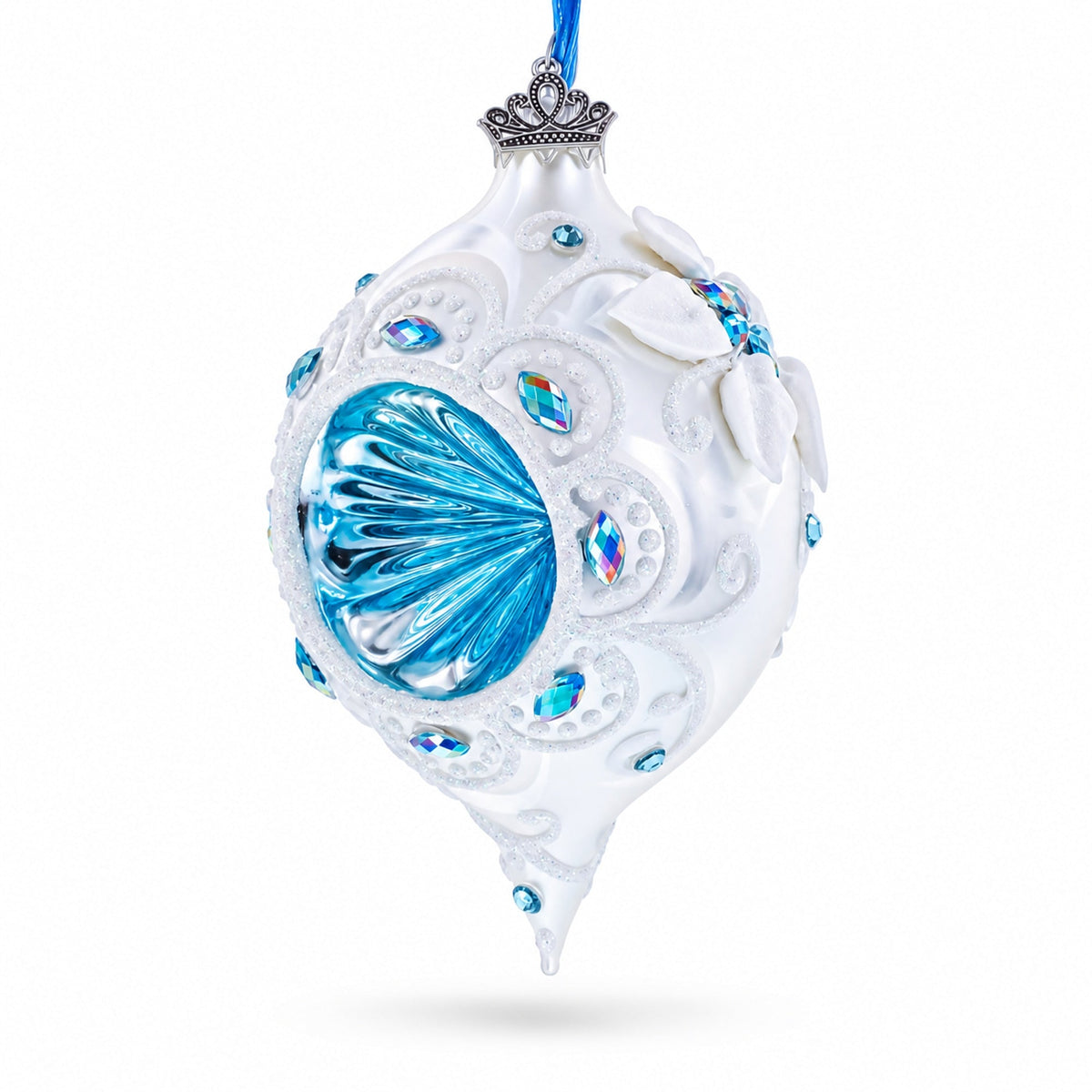 Vintage Retro Style White and Blue Pointed Teardrop Finial Glass Christmas Ornament