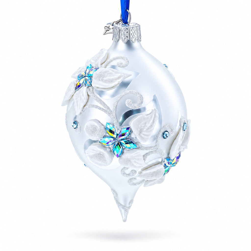 Vintage Retro Style White and Blue Pointed Teardrop Finial Glass Christmas Ornament