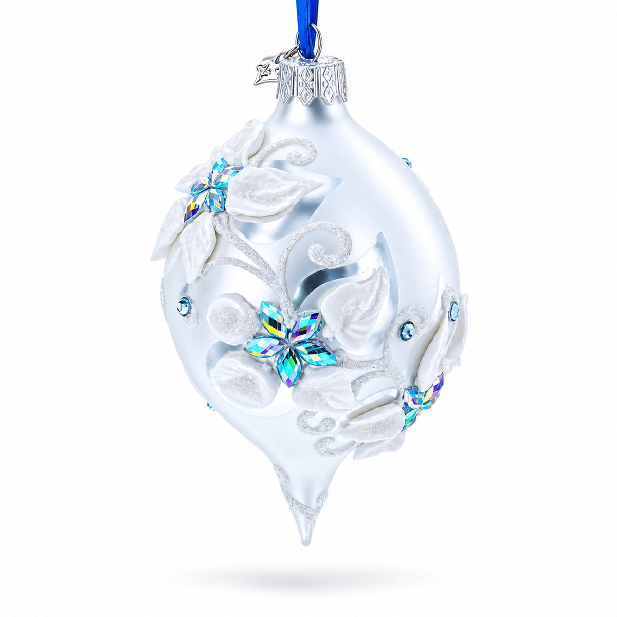 Vintage Retro Style White and Blue Pointed Teardrop Finial Glass Christmas Ornament