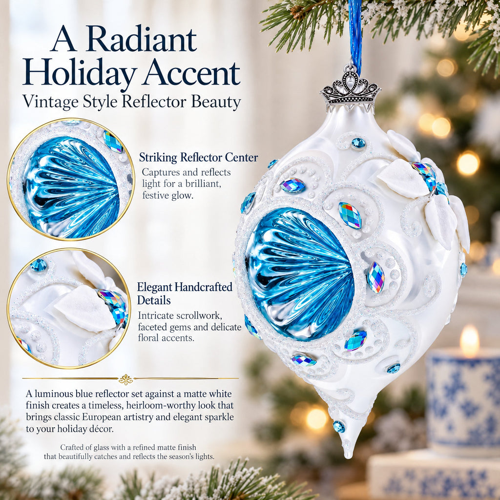 Vintage Retro Style White and Blue Pointed Teardrop Finial Glass Christmas Ornament