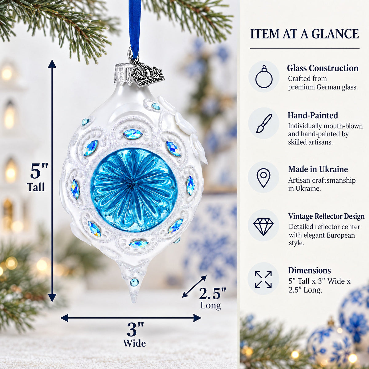 Vintage Retro Style White and Blue Pointed Teardrop Finial Glass Christmas Ornament