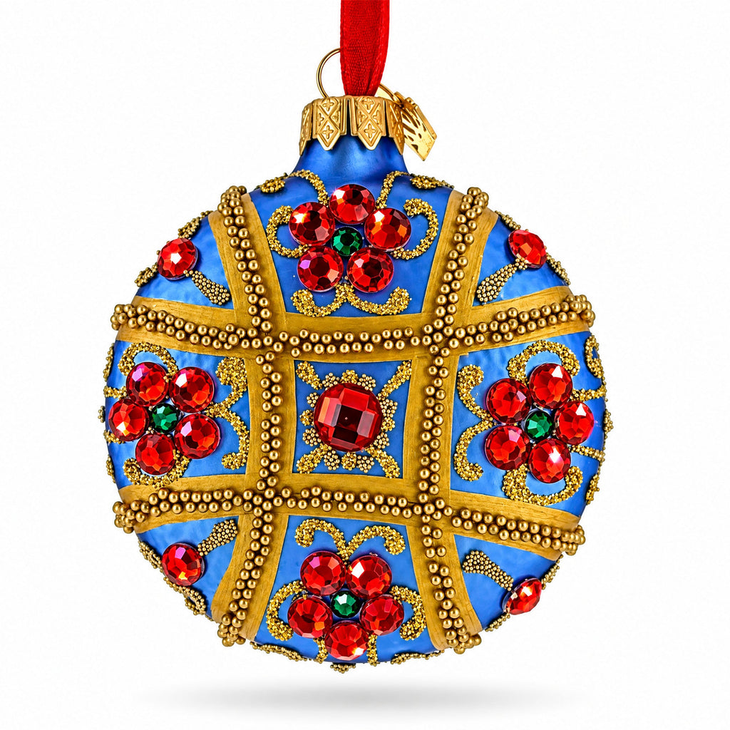 Boutique Sapphire Panel Scrollwork Glass Disc Christmas Ornament