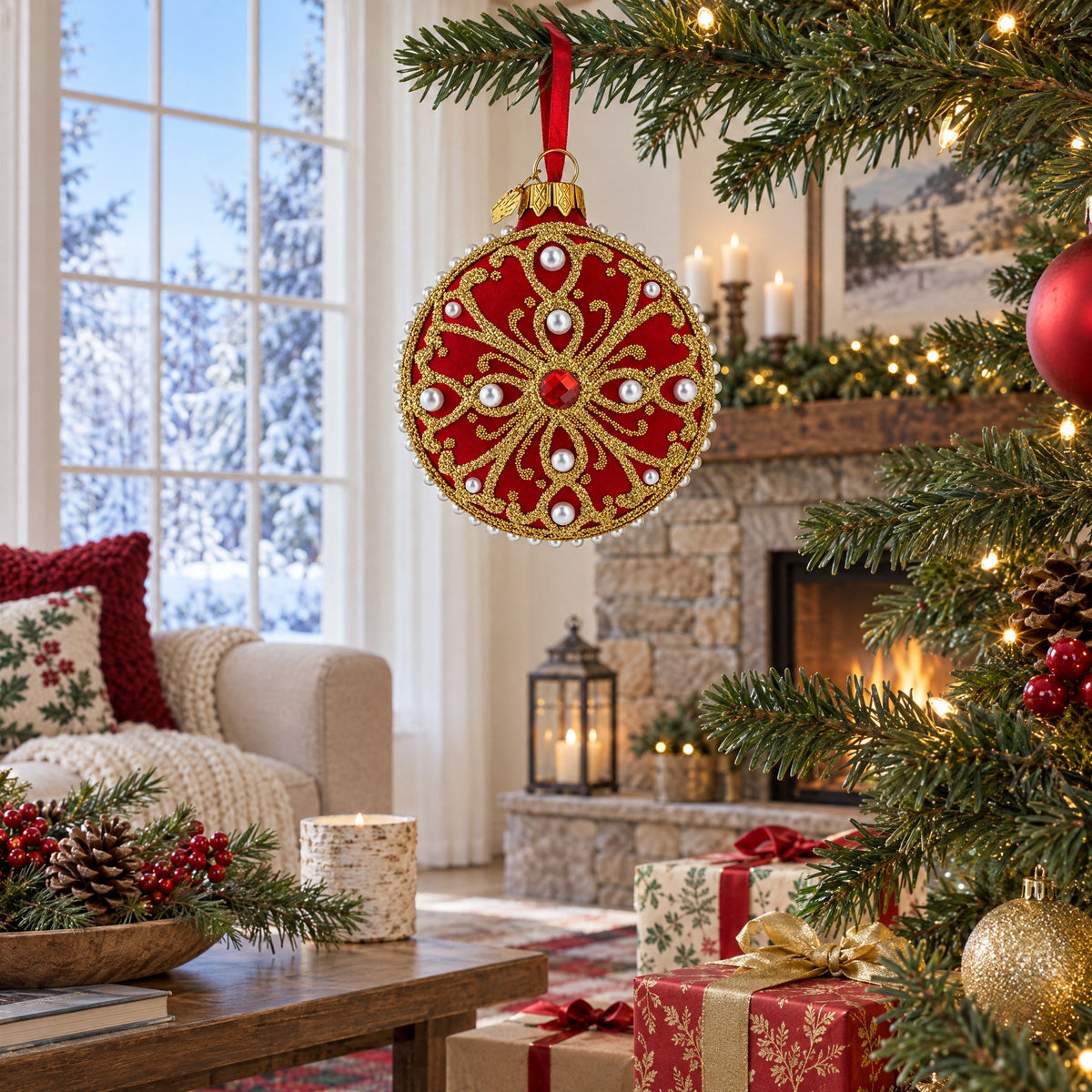 Boutique Scarlet Scrollwork Pearl Accent Glass Disc Christmas Ornament