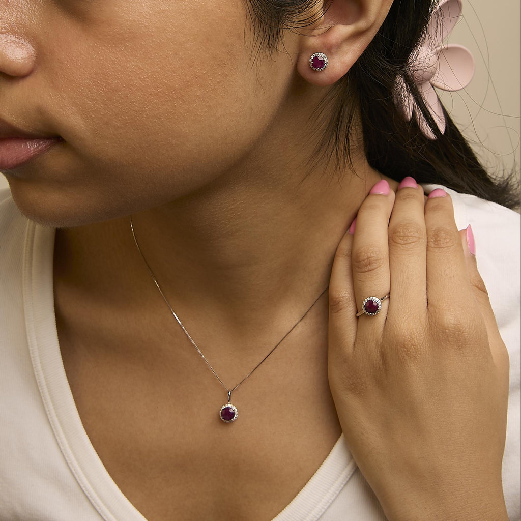 10K Gold Gemstone and 3/8 Cttw Diamond Halo Jewelry Set (Earrings, Pendant & Ring)