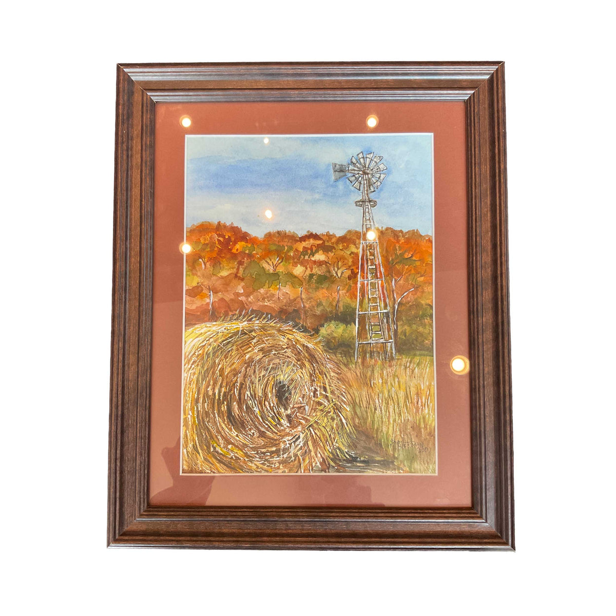 Hay Bale & Windmill Painting | 14" x 16" | Frame Included | Hand-Painted | Sheryl Hickman Art