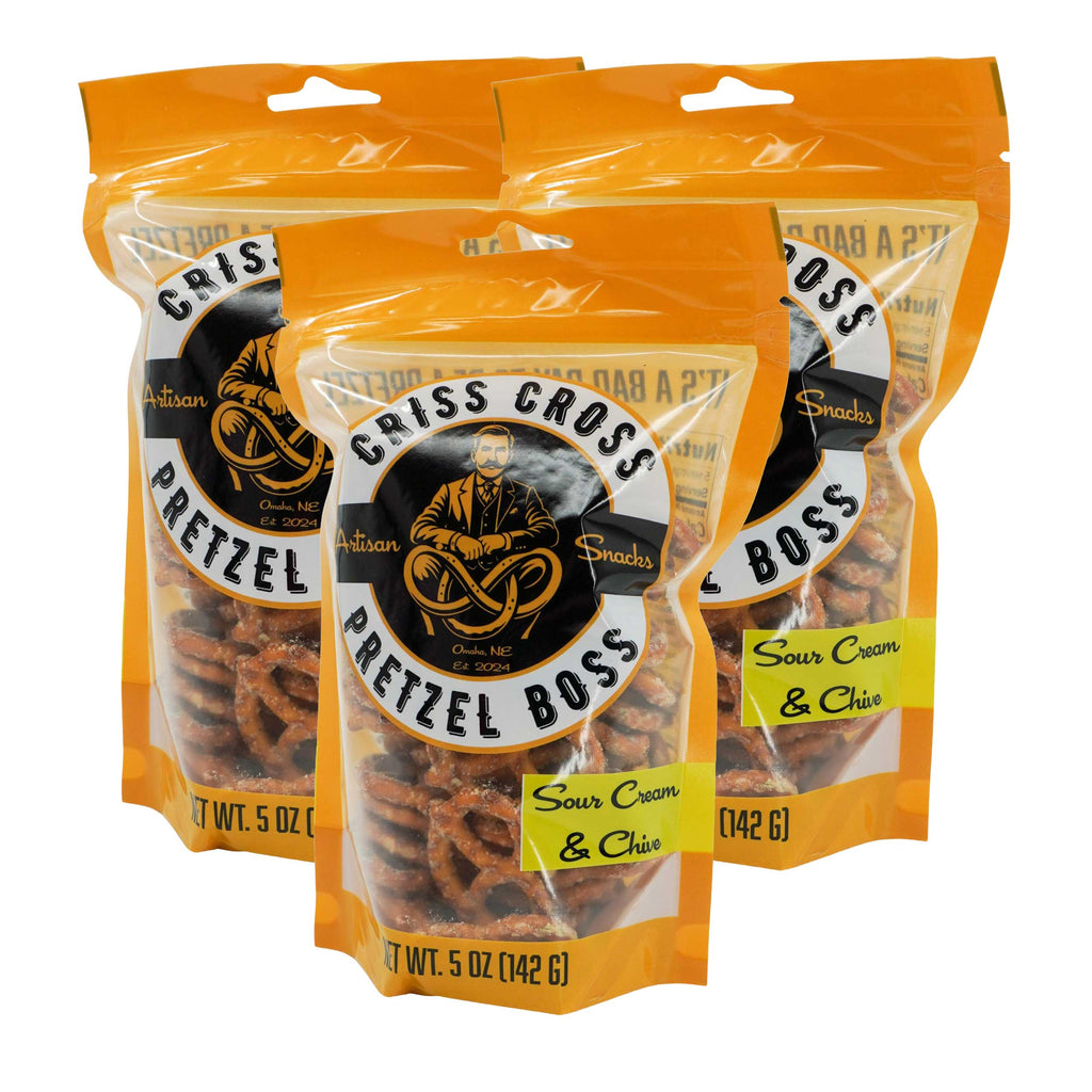 Sour Cream & Chive Flavored Pretzels | Pack of 3 | 5 oz | Criss Cross Pretzel Boss