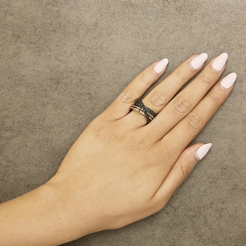 Sterling silver black and blue diamond crossover ring bijoux-nyc direct