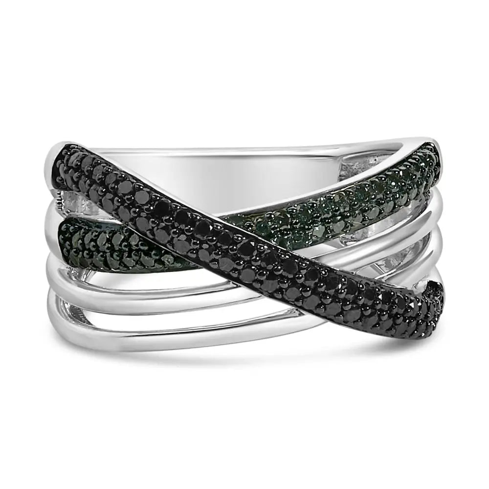 Sterling silver black and blue diamond crossover ring bijoux-nyc direct