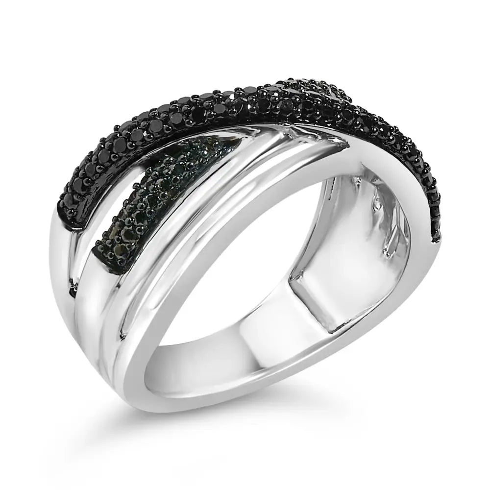 Sterling silver black and blue diamond crossover ring bijoux-nyc direct