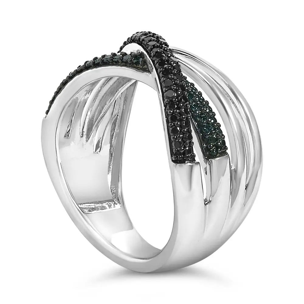 Sterling silver black and blue diamond crossover ring bijoux-nyc direct