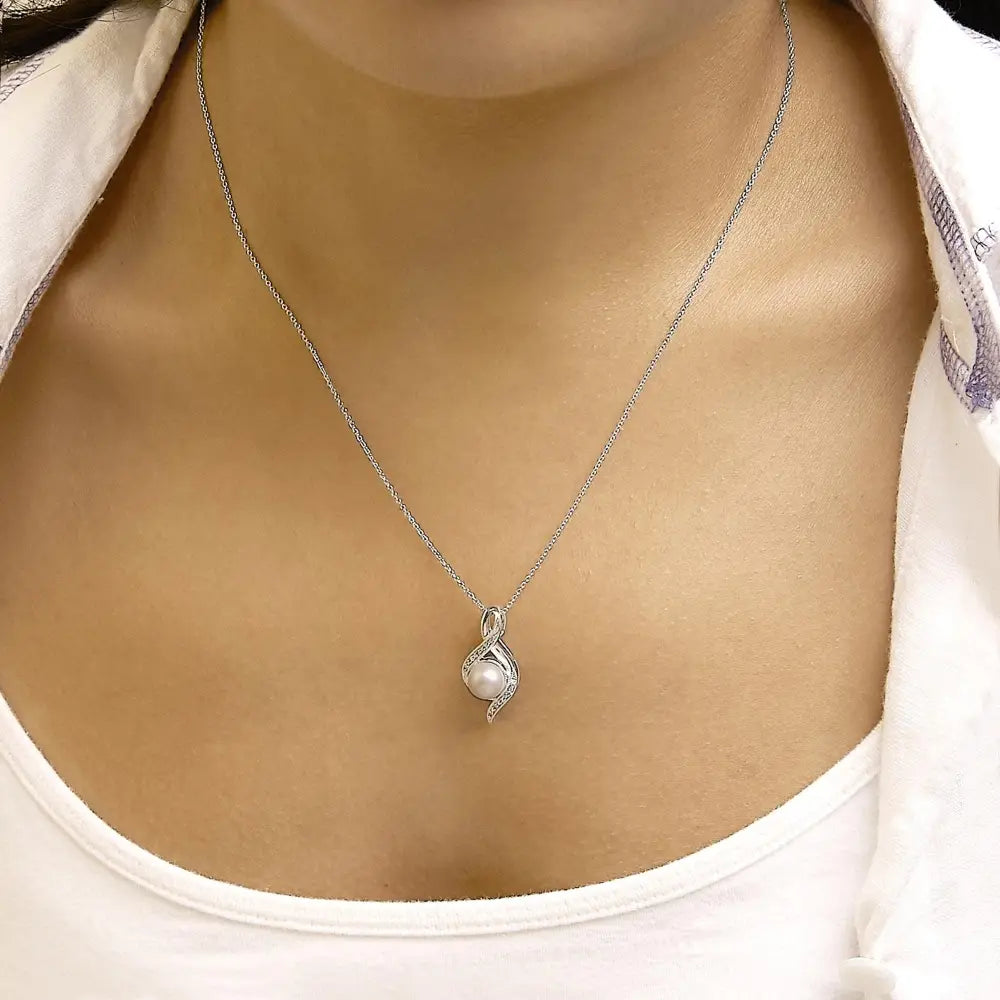7mm freshwater pearl and diamond swirl pendant in sterling silver bijoux-nyc direct