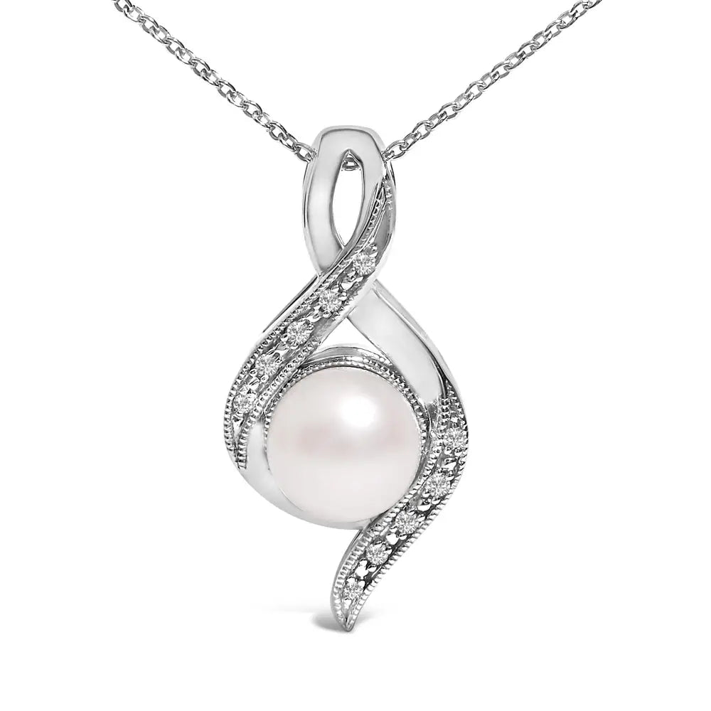 7mm freshwater pearl and diamond swirl pendant in sterling silver bijoux-nyc direct