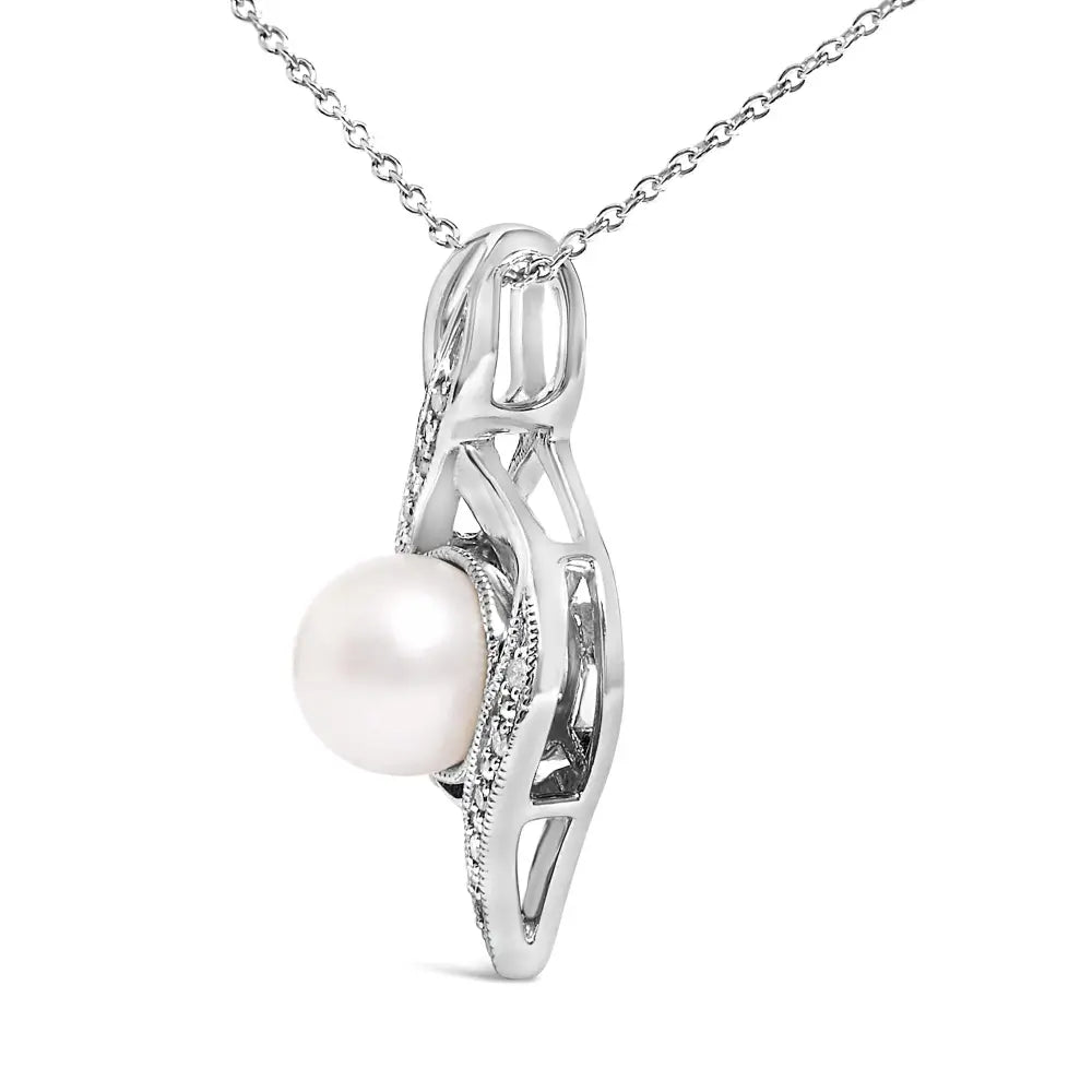 7mm freshwater pearl and diamond swirl pendant in sterling silver bijoux-nyc direct