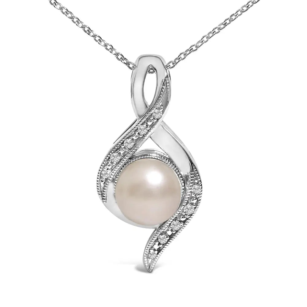 7mm freshwater pearl and diamond swirl pendant in sterling silver bijoux-nyc direct
