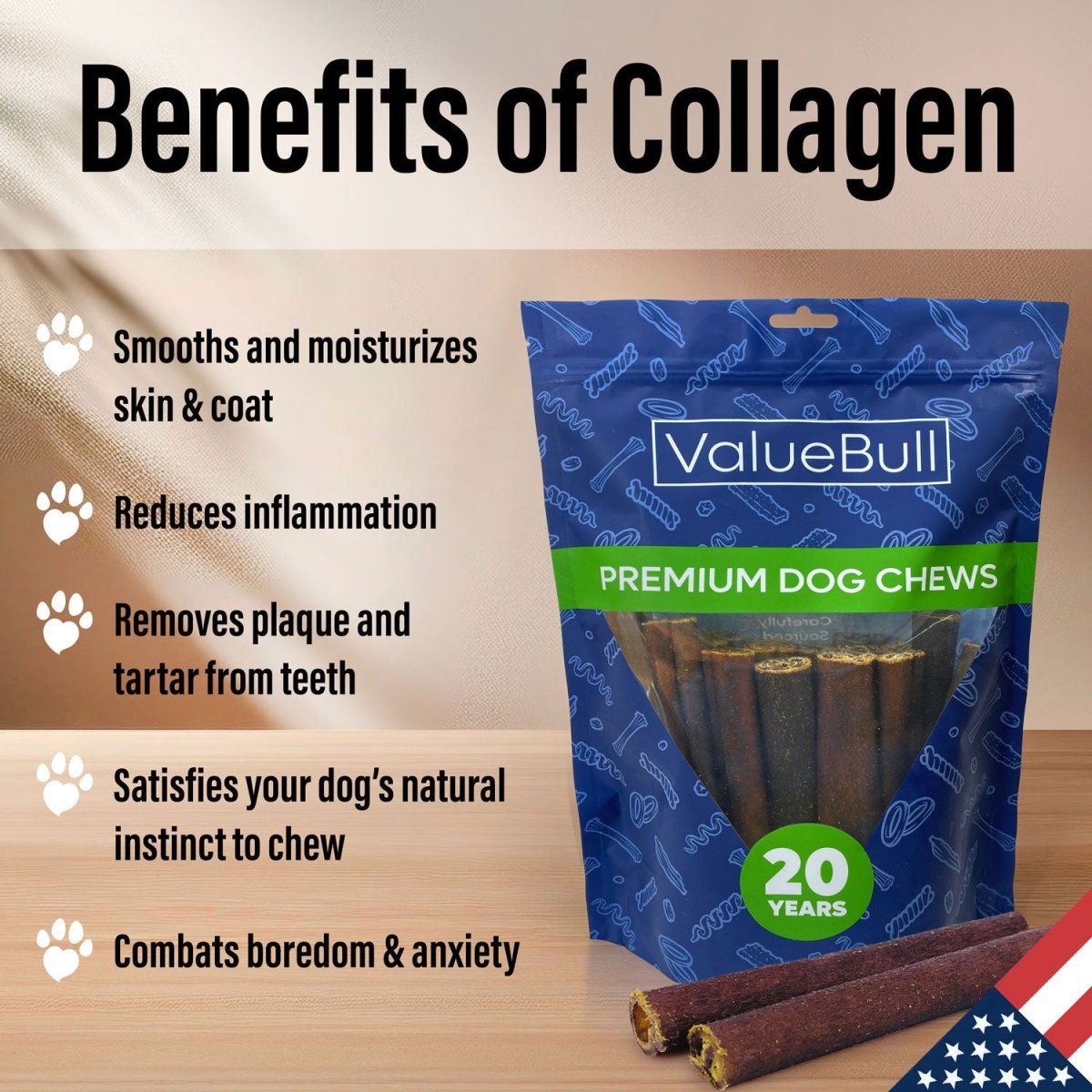 ValueBull USA Beef Collagen Sticks for Dogs, 6 Inch Thin Chews, 50 Count