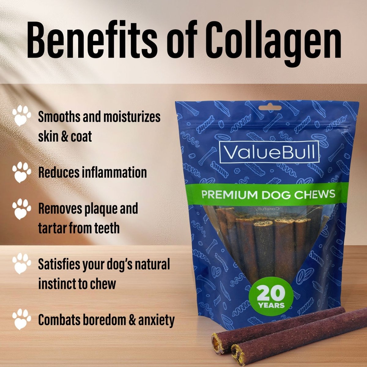 ValueBull Beef Collagen Sticks for Large Dogs, 6 Inch Jumbo Chew, 50 Count