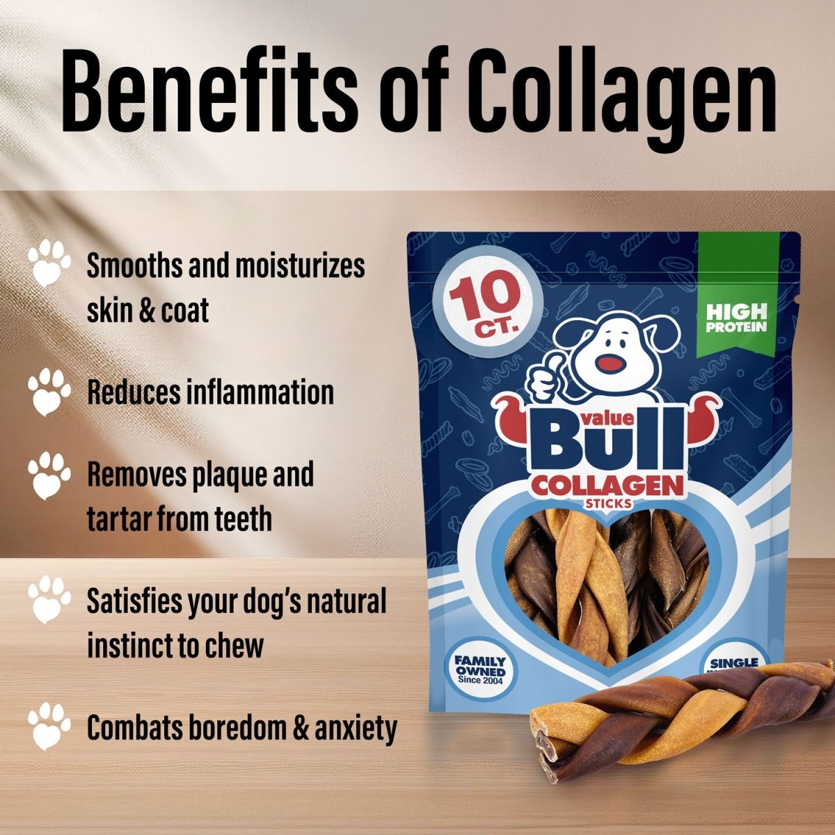 ValueBull Beef Collagen Braids for Dogs, 6 Inch Thick Chews, 10 Count