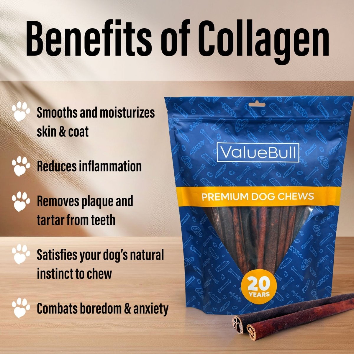 ValueBull Beef Collagen Sticks for Large Dog, 12 Inch Jumbo Chew, 25 Count