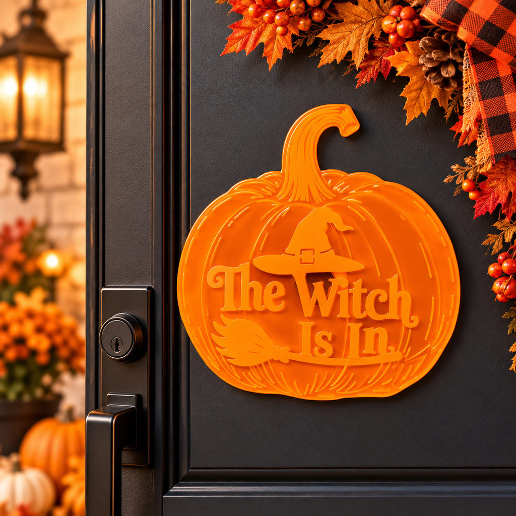 The Witch Is In Pumpkin Magnetic Plaque | 5" x 5" | Multiple Color Options | Glowing Creation