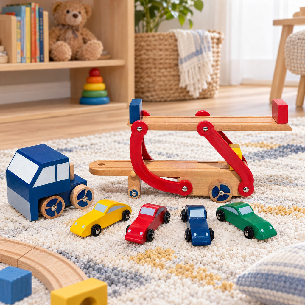 Set of Wooden Truck with Trailer and 4 Cars