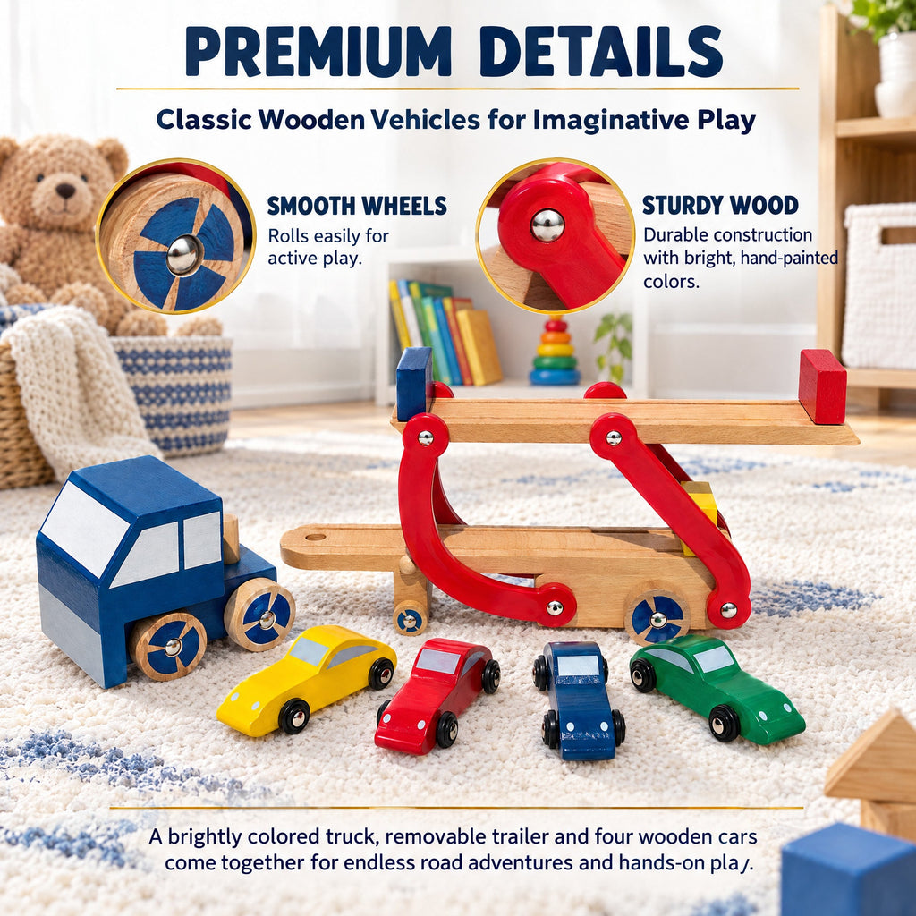 Set of Wooden Truck with Trailer and 4 Cars