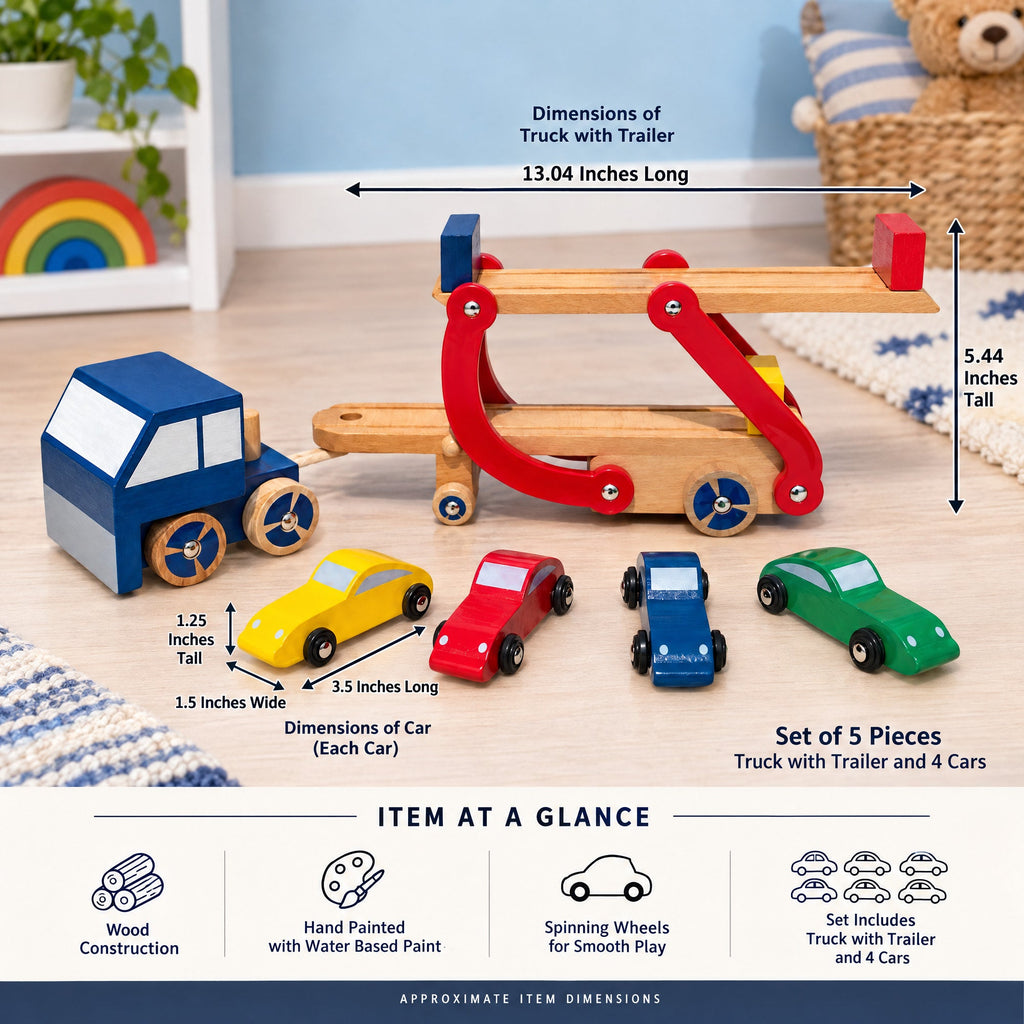 Set of Wooden Truck with Trailer and 4 Cars