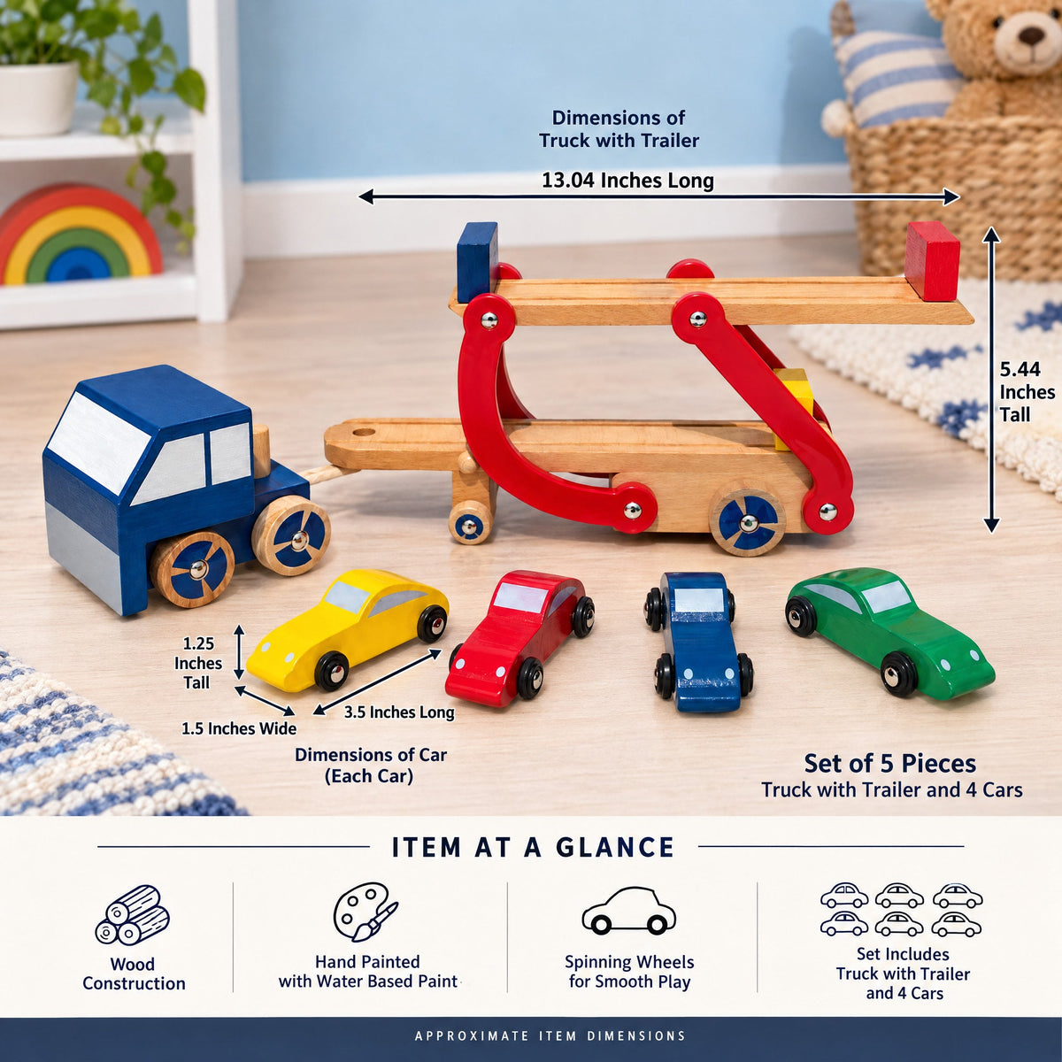 Set of Wooden Truck with Trailer and 4 Cars