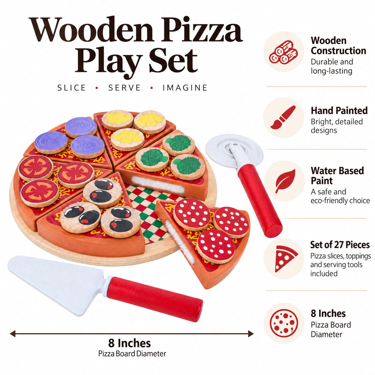 Set of 27 Wooden Pieces Make a Pizza with Toppings & Kitchen Tools