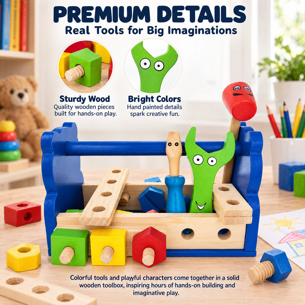 21 Pieces Construction Building Tools in Wooden Toolbox