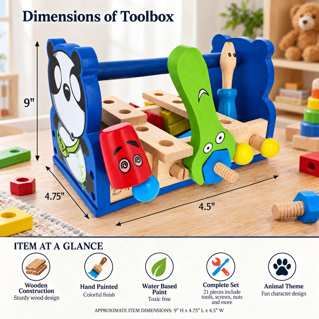 21 Pieces Construction Building Tools in Wooden Toolbox