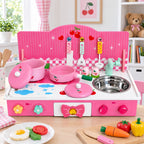 Wooden Pink Toy Kitchen Play Set 22 Inches