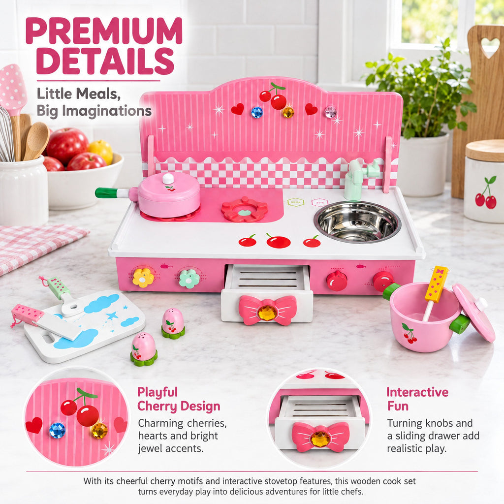 Wooden Pink Toy Kitchen Play Set 22 Inches
