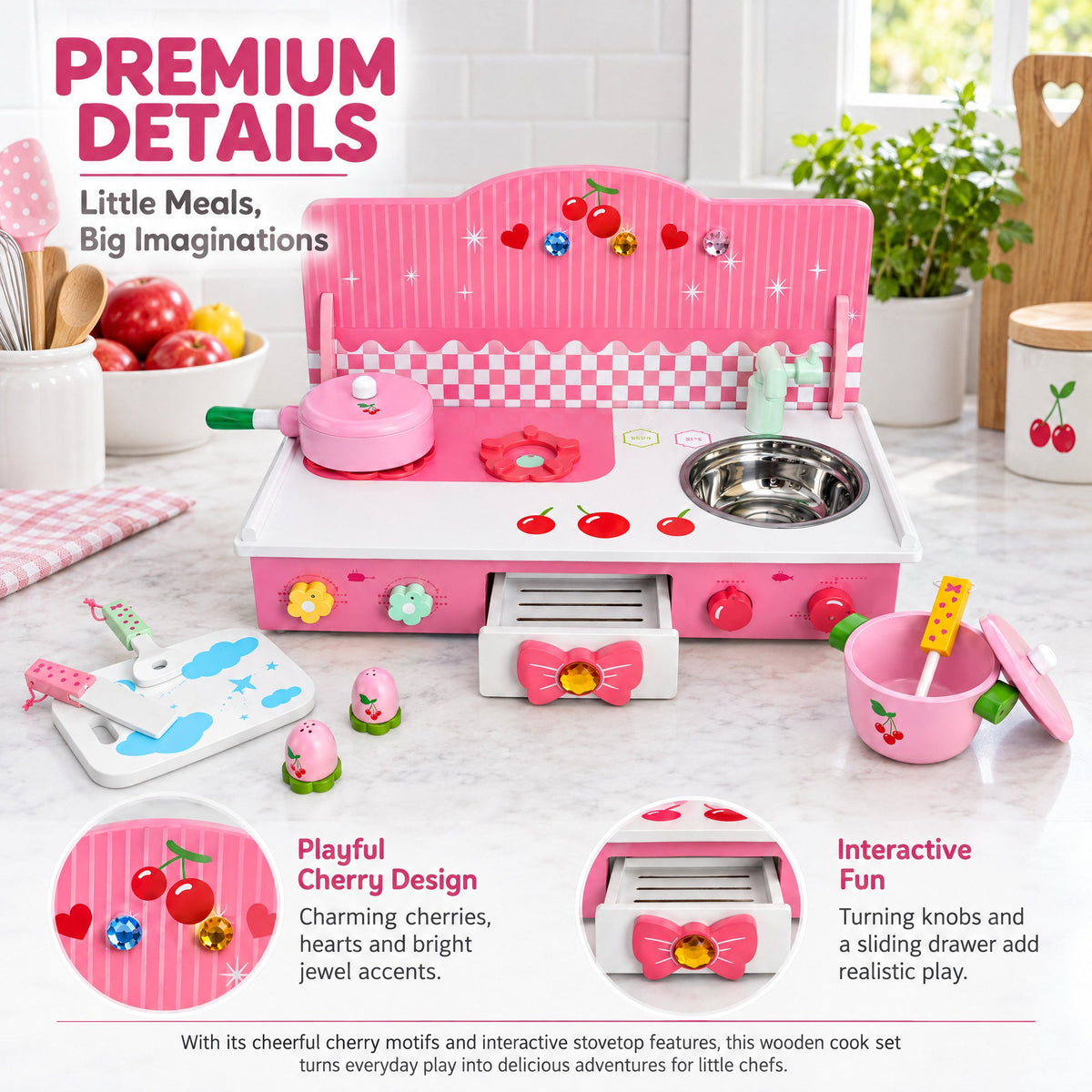 Wooden Pink Toy Kitchen Play Set 22 Inches