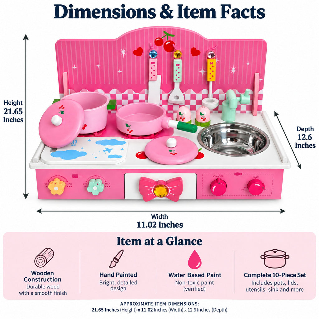 Wooden Pink Toy Kitchen Play Set 22 Inches