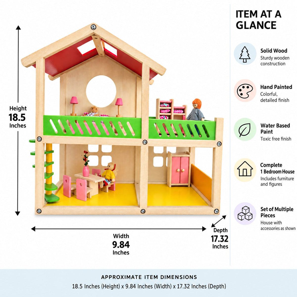 1 Bedroom Wooden Toy House 18.5 Inches